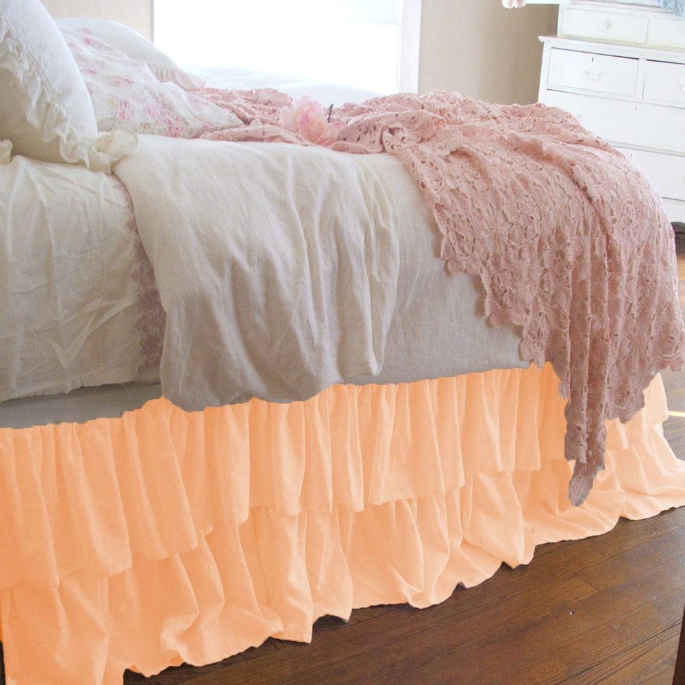1 Piece Solid 30" Drop Double Layer Ruffle Bed Skirt 600TC Egyptian Cotton (Peach, King)