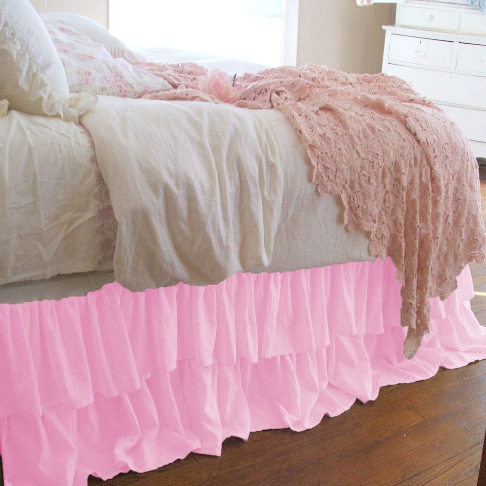 1 Piece Solid 25" Drop Double Layer Ruffle Bed Skirt 600TC Egyptian Cotton (Pink, Full)
