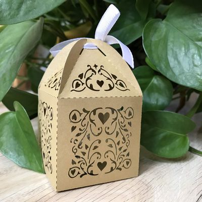 Laser Cut Wedding Favor Boxes Chocolate Gift Boxes with Ribbon 223.35inches Bonbonniere for Engagement Birthday Bridal Shower Party Decoration Pearl White 100pcs (Beige Gold)