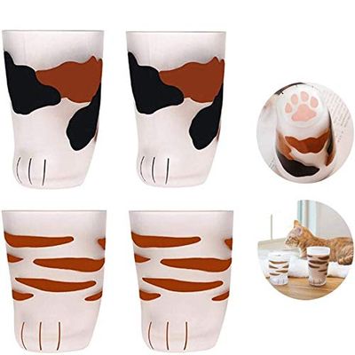 4 Pack Cat Paw CupCat claw Cup Milk Glass Frosted Glass Cup Cute Cat Foot Claw Print Mug Cat Paw for Coffee Kids Milk Glass Cups Tumbler Personality Breakfast Milk Cup (4packcolor 1+color 2)