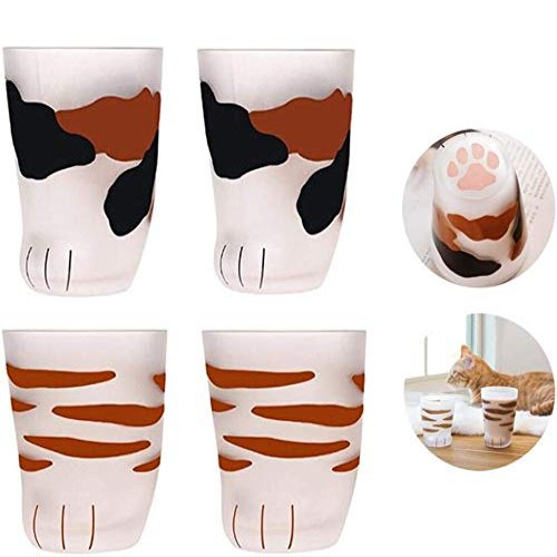 4 Pack Cat Paw CupCat claw Cup Milk Glass Frosted Glass Cup Cute Cat Foot Claw Print Mug Cat Paw for Coffee Kids Milk Glass Cups Tumbler Personality Breakfast Milk Cup (4packcolor 1+color 2)
