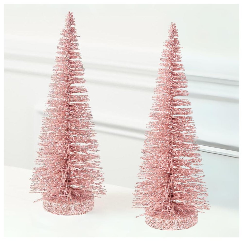 2 Pieces Pink Glittered Bottle Brush Trees for Christmas Decorating and Holiday Displays - 10 Inches High
