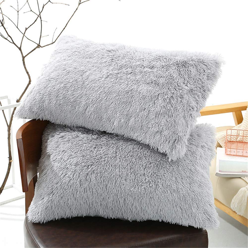 Tenghe Faux Fur King Size Pillow Case 2 Pack Super Soft Shaggy Fluffy Velvet Decorative Throw Pillow Covers/Case Pillow Shams with Zipper Closure.No Inside Filler (Light Grey,20"36")