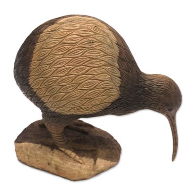 NOVICA Wood Sculpture Handcarved Hibiscus Kiwi Bird from Bali Brown Indonesia Animal Themed [6.25in H x 7in W x 3.9in D] 'Kiwi Bird'