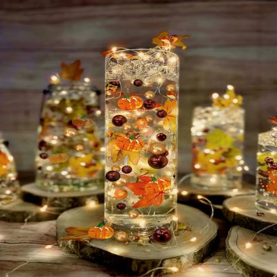 Vase Pearlfection 100 Floating Realistic Shades of Fall Leaves- Pumpkins- Mums- Pearls- Large Sizes- Fills 2 Gallons of The Transparent Floating Gels with 2 Pre-Measured Floating Gels Prep Bags
