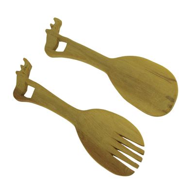 Things2Die4 Hand Carved Wood Decorative Rhinoceros Handle Salad Server Set