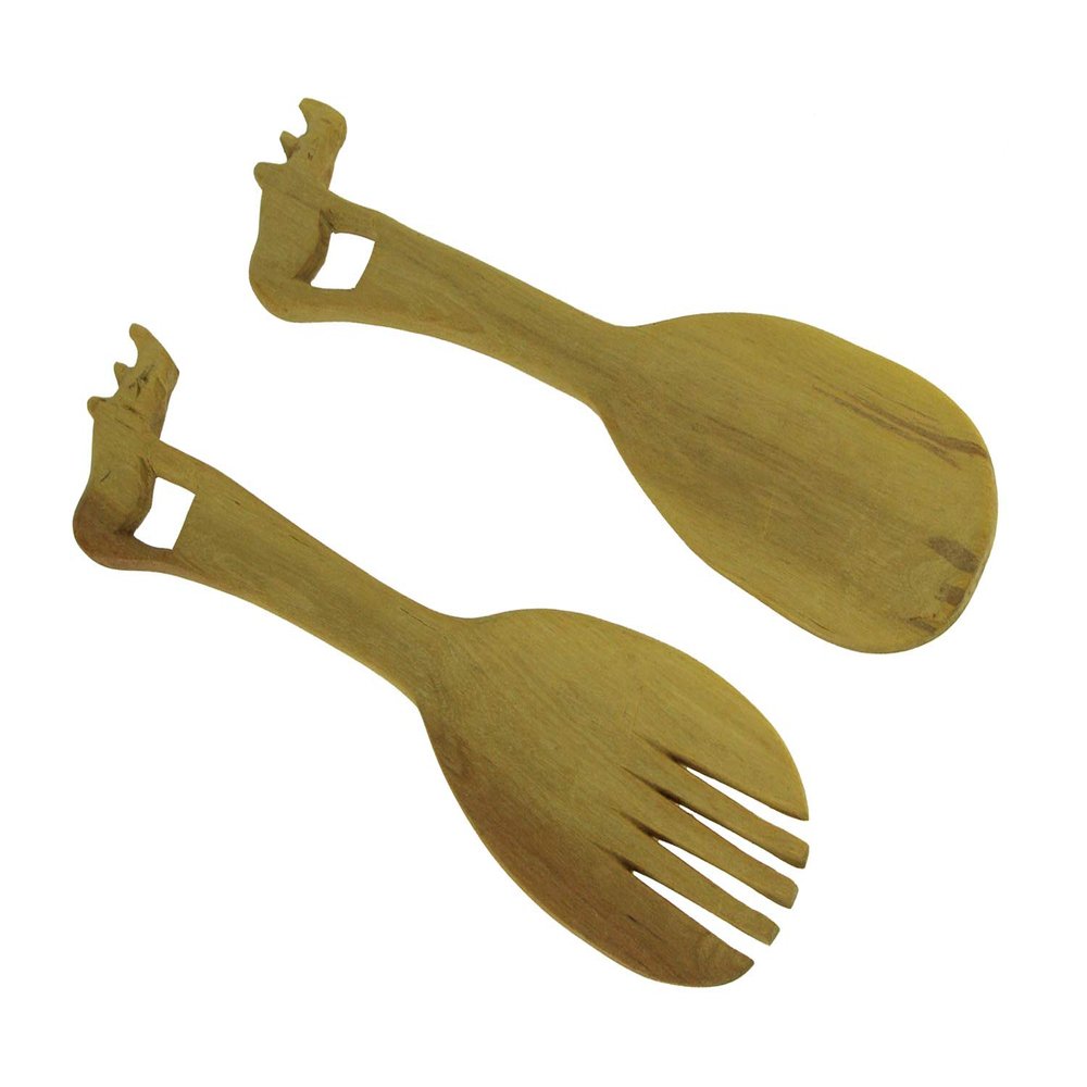 Things2Die4 Hand Carved Wood Decorative Rhinoceros Handle Salad Server Set