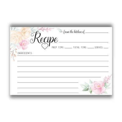 Recipe Set of 50 Blank Bridal Shower Stationery, Simple Floral Print, Write Ingredients and Directions, 4x6 Kitchen Note Sheets, Family & Friends Cooking Supplies for Parties or Events