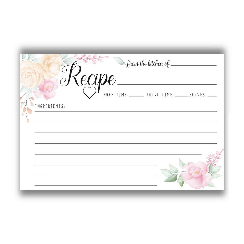 Recipe Set of 50 Blank Bridal Shower Stationery, Simple Floral Print, Write Ingredients and Directions, 4x6 Kitchen Note Sheets, Family & Friends Cooking Supplies for Parties or Events