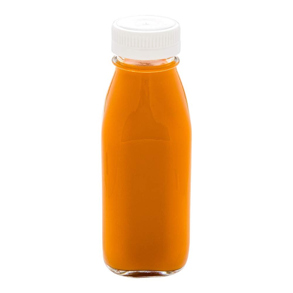 Restaurantware-French Countryside 10 Ounce Juice Bottles, 10 Square Juicing Bottles - With Tamper-Evident Caps, Reusable, Clear Glass Juicing Storage Bottle, For Smoothies, Milk, Tea, And More
