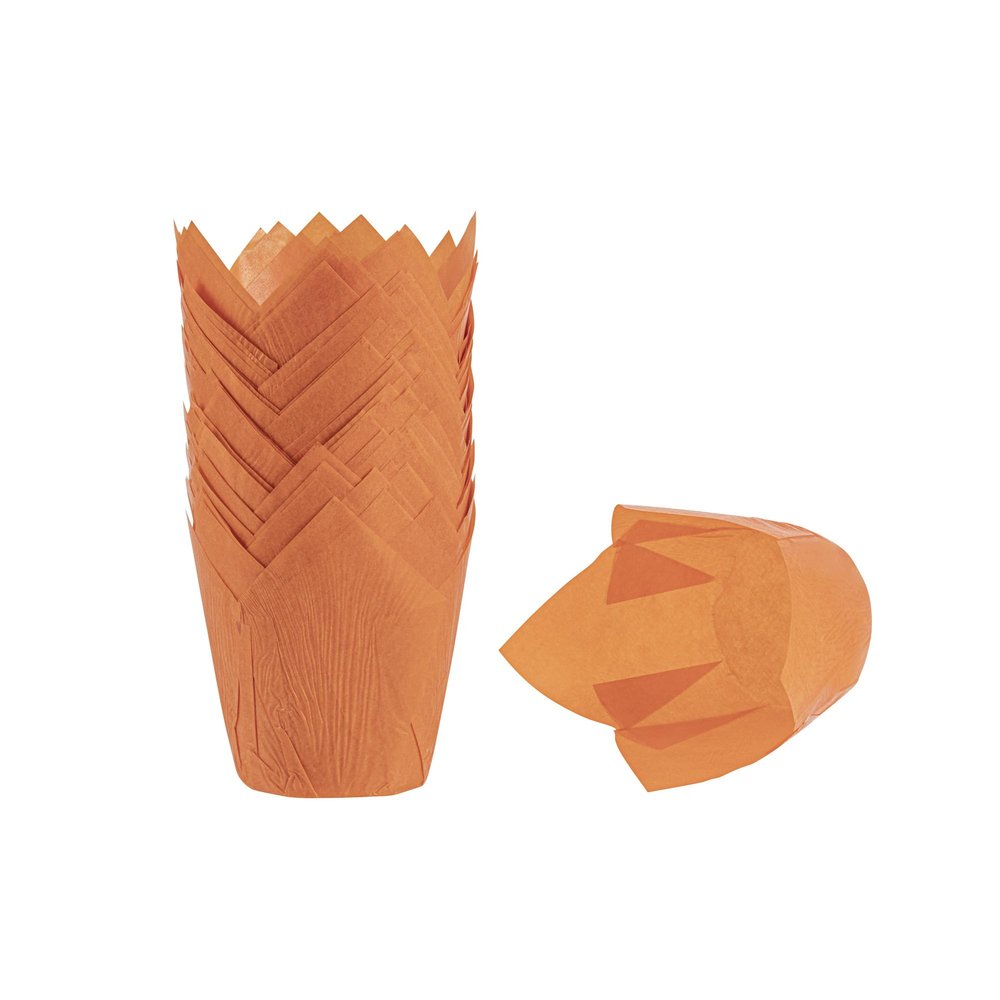 Restaurantware Panificio Premium 4 oz Orange Paper Tulip Baking Cup: Paper Baking Cups Perfect for Muffins Cupcakes or Mini Snacks - Greaseproof - Disposable and Recyclable - 200ct Box