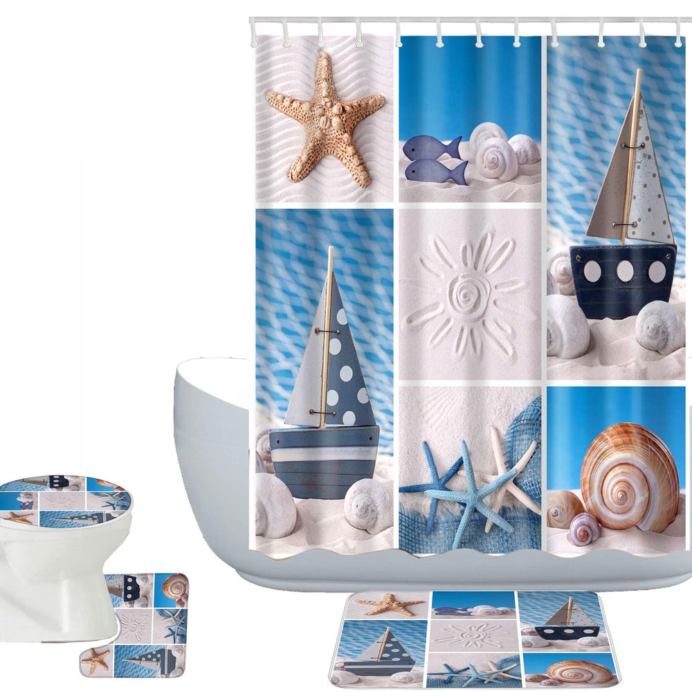 Amagical Marine Life Starfish Seashell Pattern 16 Piece Blue Bathroom Mat Set Shower Curtain Set Non Slip Bath Mat Contour Mat Toilet Cover Shower Curtain and 12 Hooks