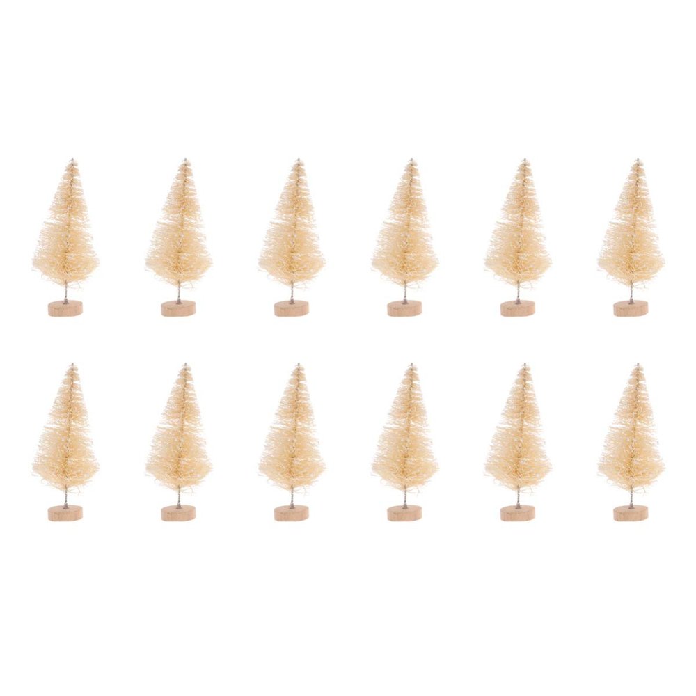 Small Christmas Tree 12pcs Mini Pine Trees with Wood Base 8.5cm (Beige) Table