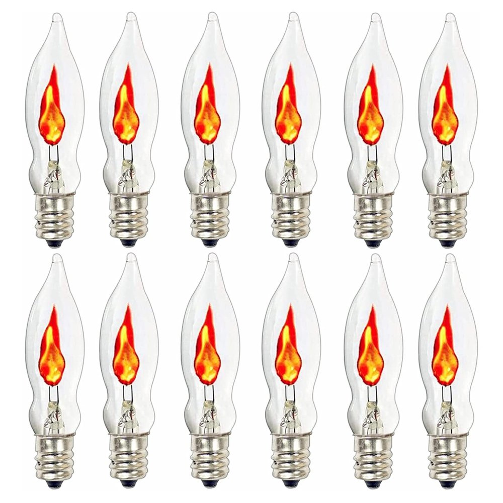 SUNSGNE Christmas Flicker Flame Light Bulbs, Crystal Clear Flame Tip Candelabra Bulbs, C18 Flickering Replacement Bulbs Dances with Orange Flame, 1 Watt, 120 Volt, E12 Candelabra Base, 12 Pack