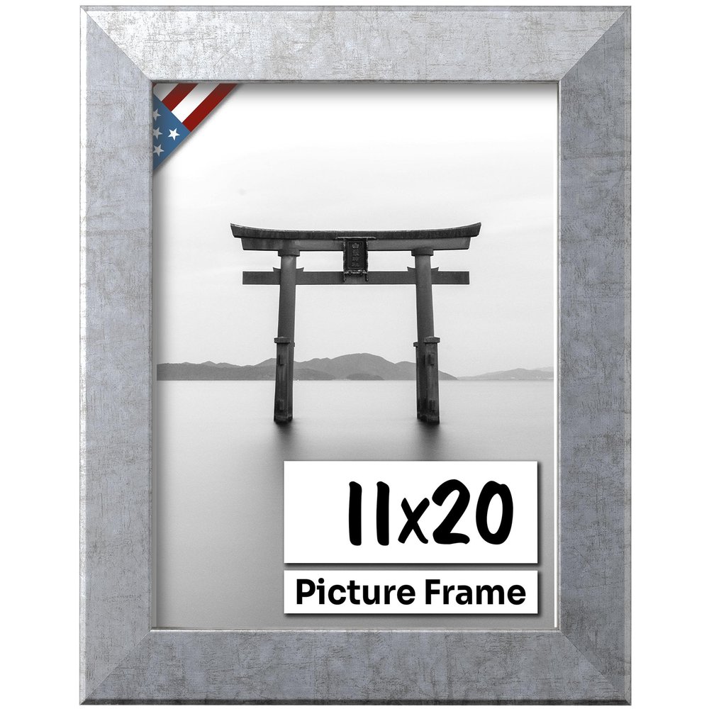US Art Antique Silver 11x20 Picture Frame 1.25" Inch Wide - Silver Decor Handmade Frames with Preinstalled Hangers and UV Blocking Plexiglass Flat 20x11 Frame