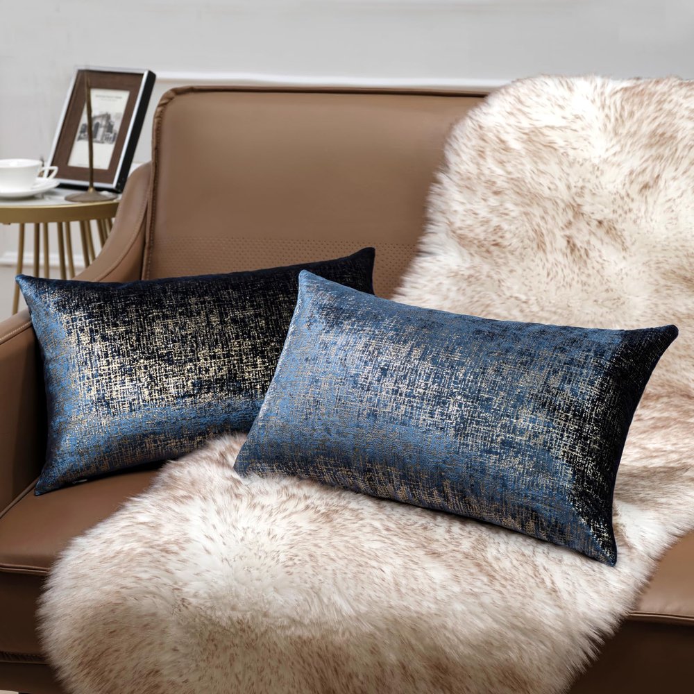 Phantoscope Pack of 2 Sparkling Velvet Decorative Solid Throw Decorative Pillow Cover Soft Gold Glitter Square Cushion Cover Pillowcase for Couch Bed and Chair, Navy Blue, 12 x 20 inches, 30 x 50 cm