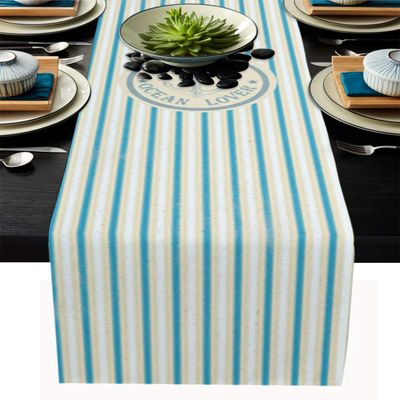 Linen Burlap Table Runner, Nautical Anchor Ocean Lovers Vertical Stripe Design Table Runners for Catering Events, Dinner Parties, Wedding, Spring Holiday, Indoor and Outdoor Parties - 14x72 inch