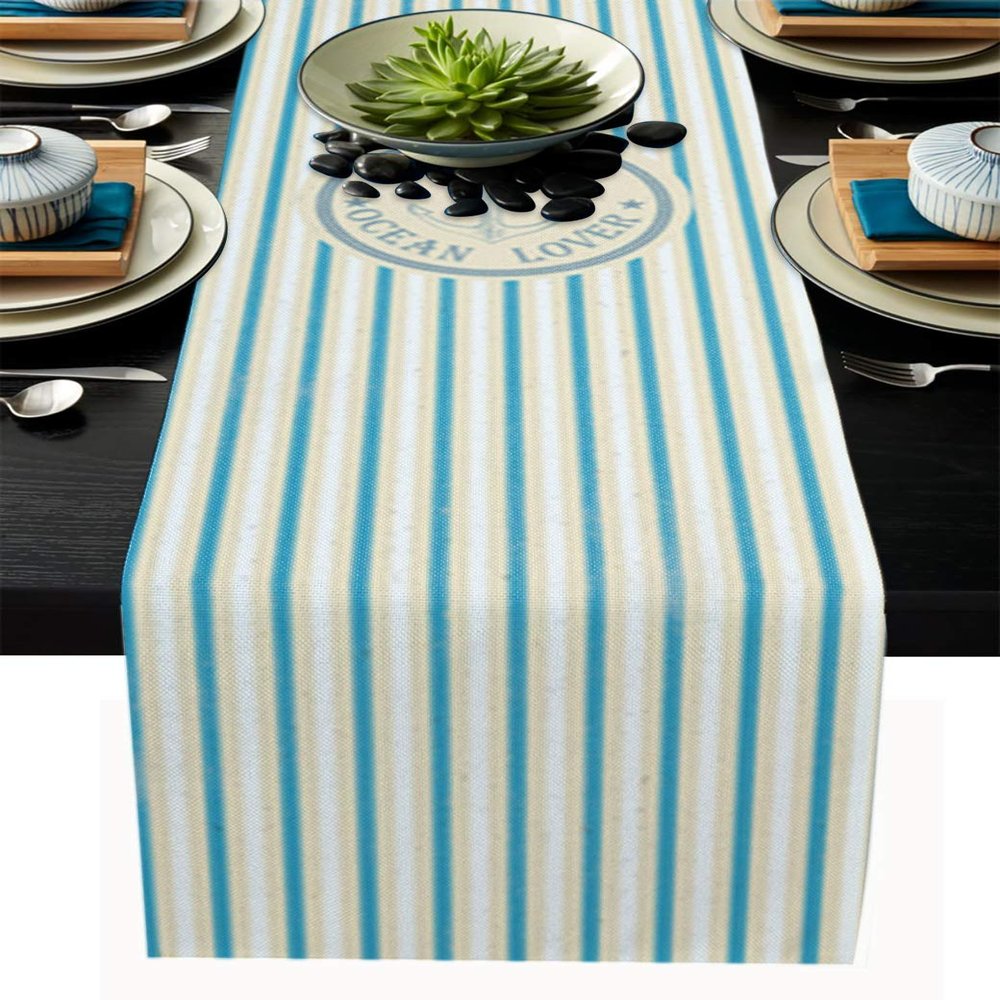 Linen Burlap Table Runner, Nautical Anchor Ocean Lovers Vertical Stripe Design Table Runners for Catering Events, Dinner Parties, Wedding, Spring Holiday, Indoor and Outdoor Parties - 14x72 inch