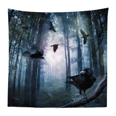 Ambesonne Crow Tapestry King Size, Fish Eye Shot of Flying Birds in a Gloomy Woodland Gothic Themed Picture, Wall Hanging Bedspread Bed Cover Wall Decor, 104" X 88", Charcoal Grey Blue Grey