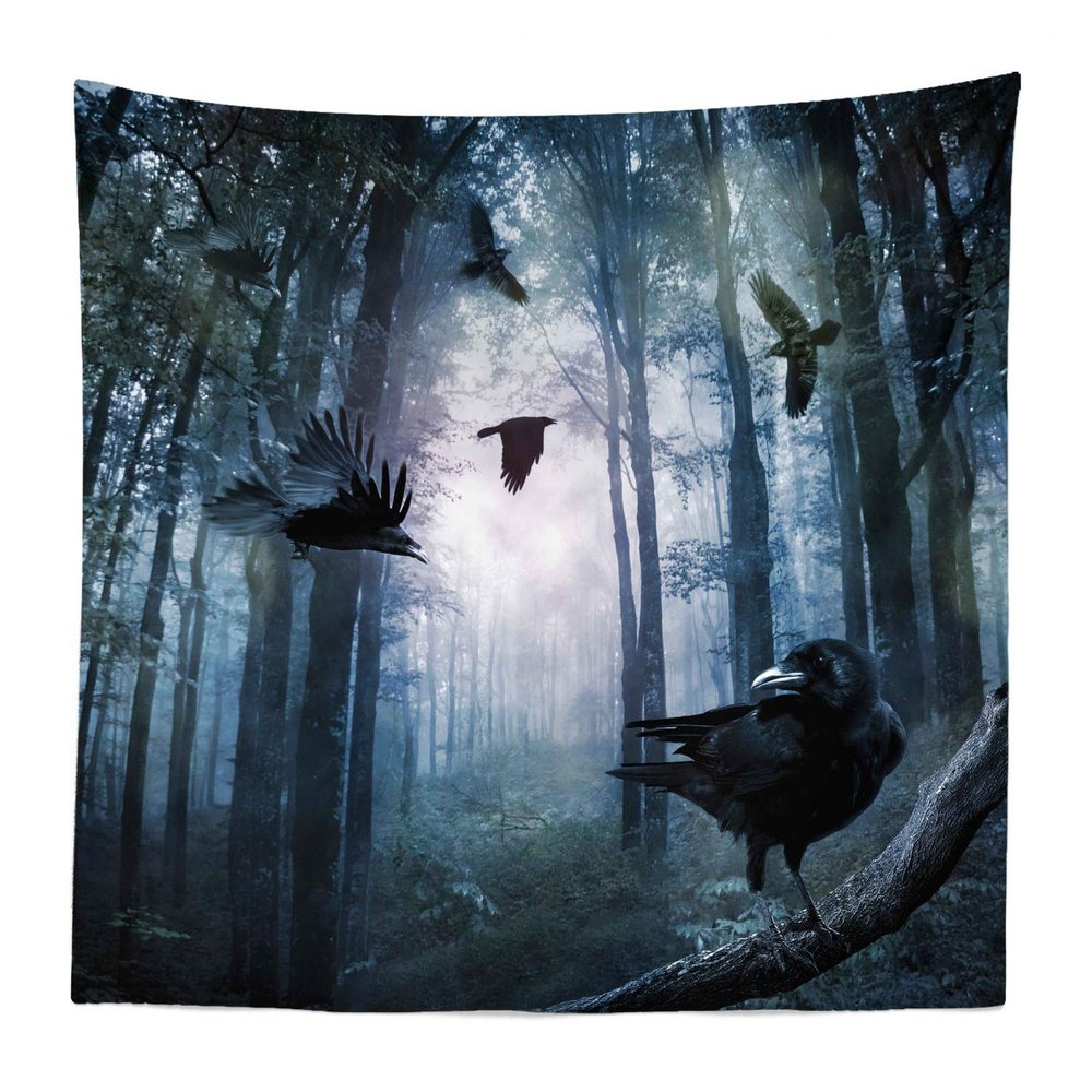 Ambesonne Crow Tapestry King Size, Fish Eye Shot of Flying Birds in a Gloomy Woodland Gothic Themed Picture, Wall Hanging Bedspread Bed Cover Wall Decor, 104" X 88", Charcoal Grey Blue Grey
