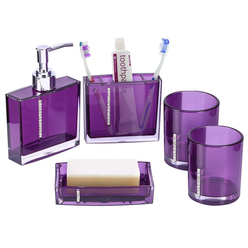 Bathroom Accessories Set, 5pcs Acrylic Bath Accessories Set Bathroom Vanity Countertop Accessory Set for Home Decor Housewarming Gift, Emulsion Bottle Tooth Brush Holder Soap Dish