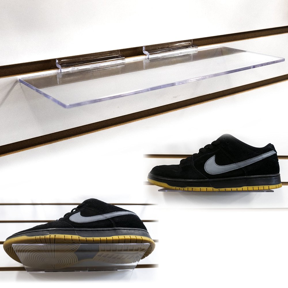 STORE FIXTURES DIRECT Clear Acrylic Slatwall Shoe Shelf, 4" D x 10" L Flat Acrylic Shoe Display Shelf, 10 Pack