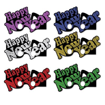 Beistle Happy New Year Cardstock Paper Glittered Novelty Eye Glasses 12 Piece Party Favors, One Size, Blue/Green/Gold/Purple/Red/Silver