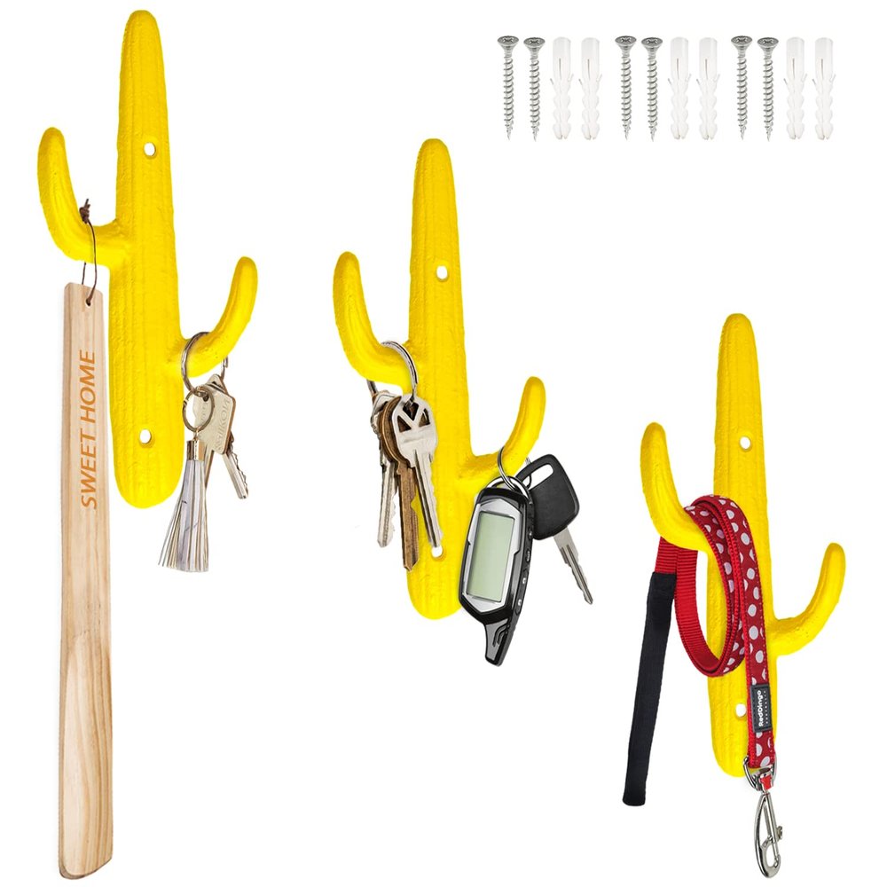 Comfify Set of 3 Hooks Cast Iron Cactus Double Wall Mounted Hooks/Hangers - Decorative Wall Mounted Hooks for Coats, Bags, Towels and More - w/Screws and Anchors Included - Yellow