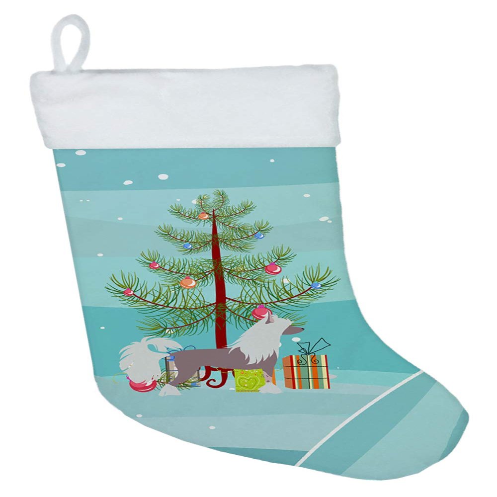 Caroline's Treasures BB2961CS Chinese Crested Merry Christmas Tree Christmas Stocking Fireplace Hanging Stockings Christmas Season Party Decor Family Holiday Decorations