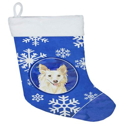 Caroline's Treasures CK3894CS White Collie Winter Snowflakes Christmas Stocking Fireplace Hanging Stockings Christmas Season Party Decor Family Holiday Decorations