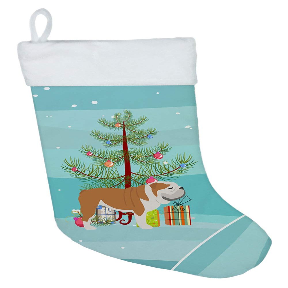 Caroline's Treasures BB2980CS English Bulldog Merry Christmas Tree Christmas Stocking Fireplace Hanging Stockings Christmas Season Party Decor Family Holiday Decorations