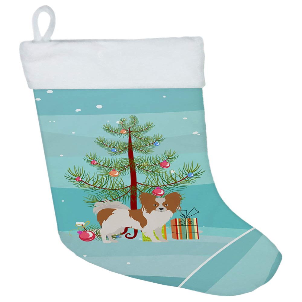 Caroline's Treasures CK3476CS Papillon Christmas Tree Christmas Stocking Fireplace Hanging Stockings Christmas Season Party Decor Family Holiday Decorations