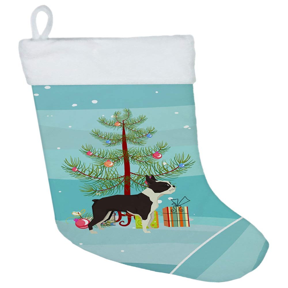 Caroline's Treasures CK3525CS Boston Terrier Christmas Tree Christmas Stocking Fireplace Hanging Stockings Christmas Season Party Decor Family Holiday Decorations