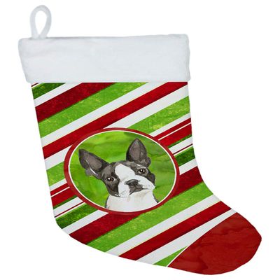 Caroline's Treasures CK4104CS Boston Terrier Christmas Candy Stripe Christmas Stocking Fireplace Hanging Stockings Christmas Season Party Decor Family Holiday Decorations