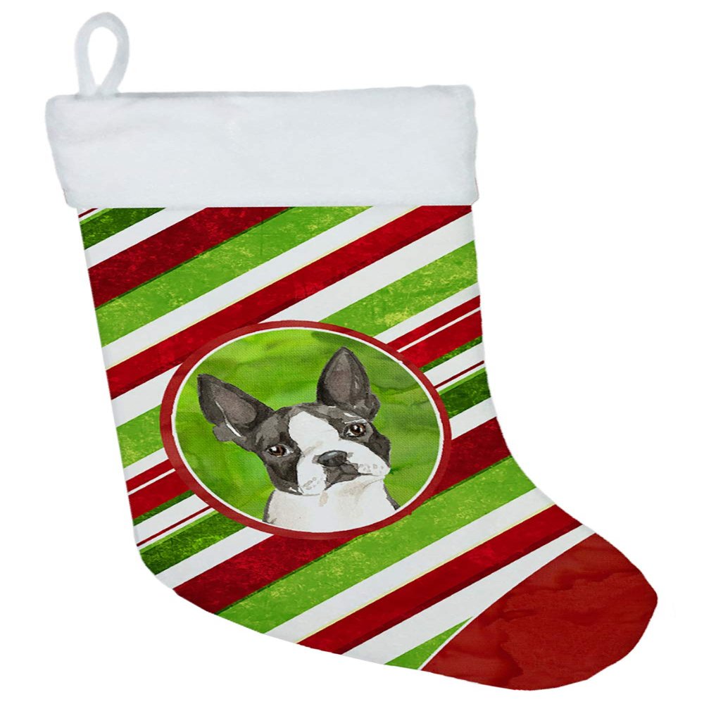 Caroline's Treasures CK4104CS Boston Terrier Christmas Candy Stripe Christmas Stocking Fireplace Hanging Stockings Christmas Season Party Decor Family Holiday Decorations