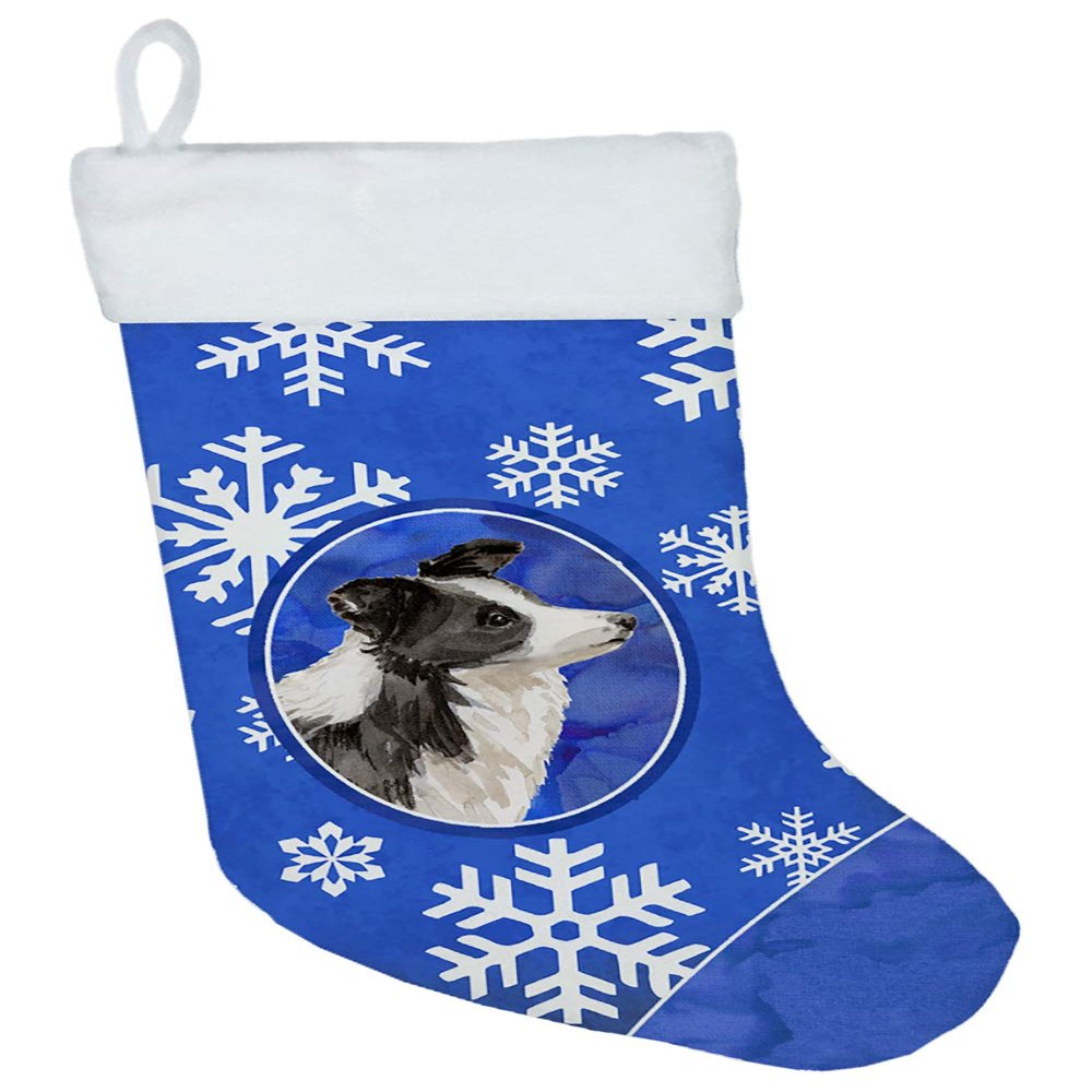 Caroline's Treasures CK3945CS Winter Snowflakes Border Collie Christmas Stocking Fireplace Hanging Stockings Christmas Season Party Decor Family Holiday Decorations