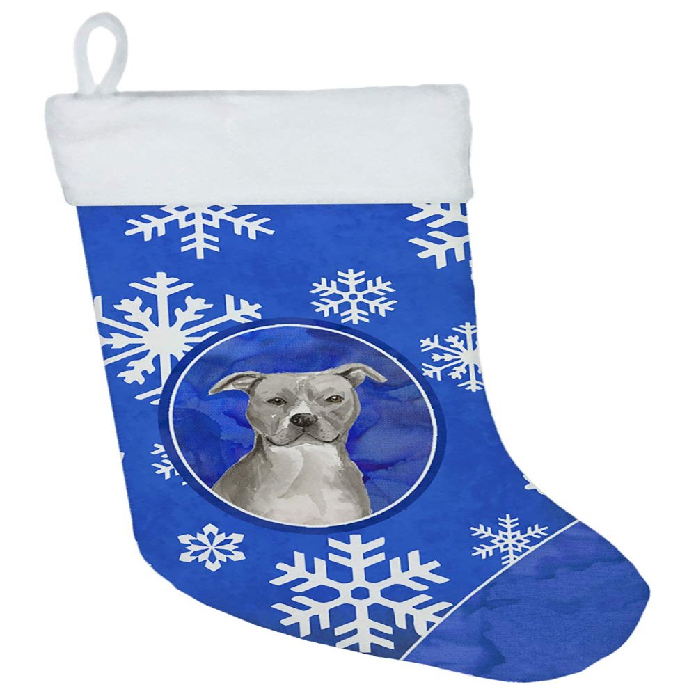 Caroline's Treasures CK3932CS Winter Snowflakes Staffordshire Bull Terrier Christmas Stocking Fireplace Hanging Stockings Christmas Season Party Decor Family Holiday Decorations