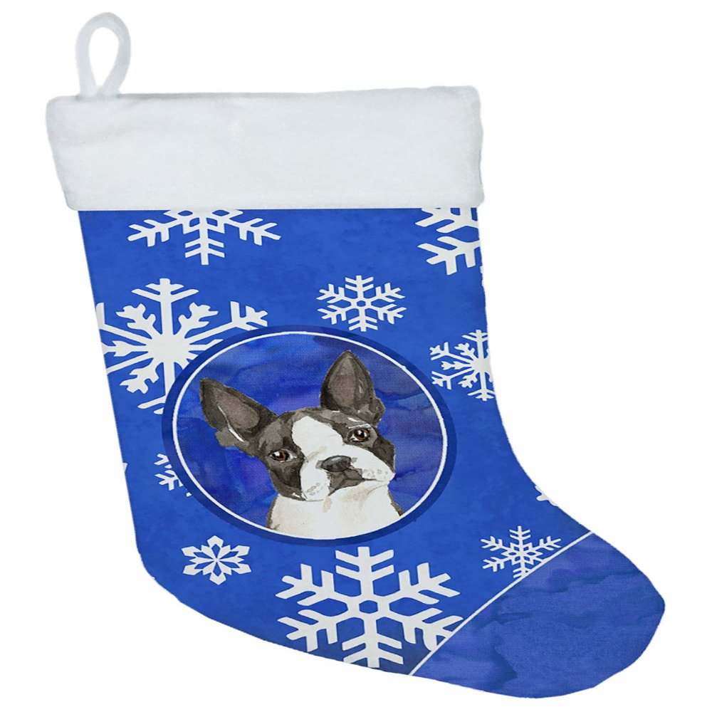 Caroline's Treasures CK3924CS Boston Terrier Winter Snowflakes Christmas Stocking Fireplace Hanging Stockings Christmas Season Party Decor Family Holiday Decorations