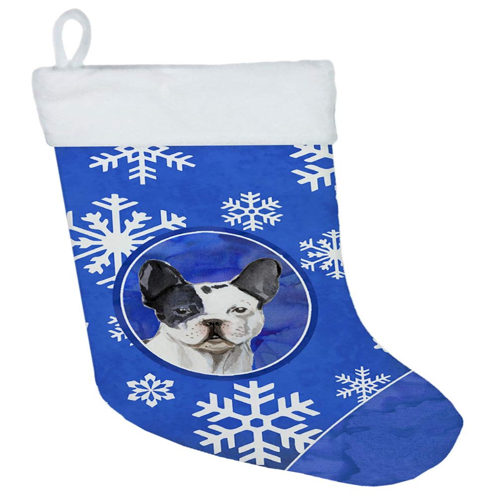 Caroline's Treasures CK3944CS Winter Snowflakes French Bulldog Christmas Stocking Fireplace Hanging Stockings Christmas Season Party Decor Family Holiday Decorations