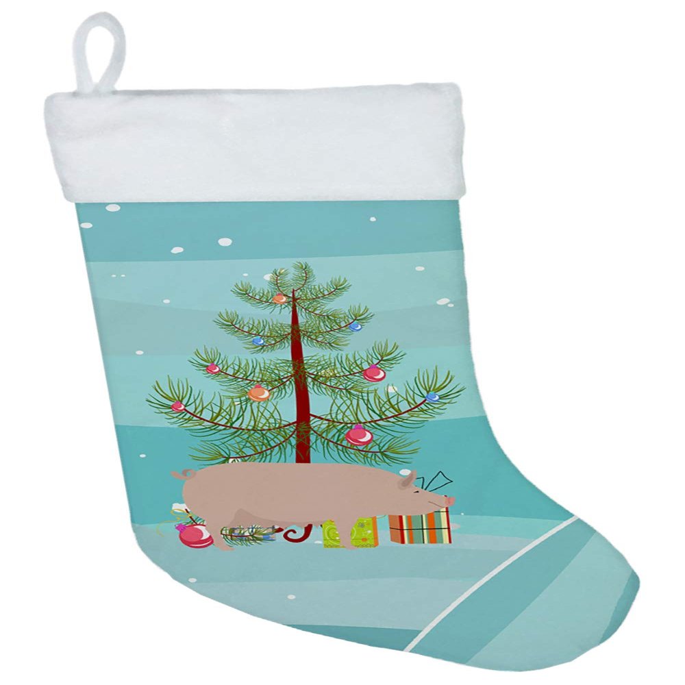 Caroline's Treasures BB9305CS English Large White Pig Christmas Christmas Stocking, Teal Fireplace Hanging Stockings Christmas Season Party Decor Family Holiday Decorations