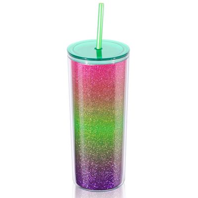 Home Tune Rainbow Tumbler with Straw, Glitter Double Wall, 21oz - Green