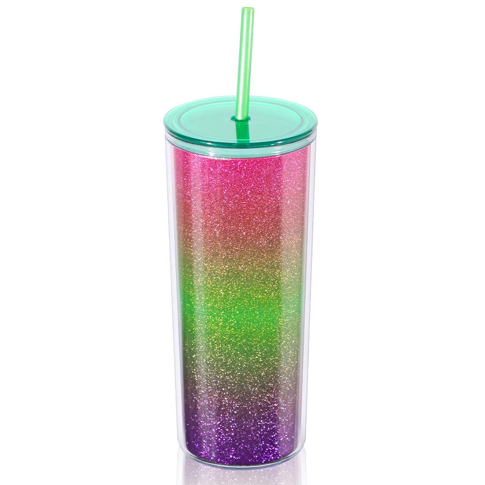 Home Tune Rainbow Tumbler with Straw, Glitter Double Wall, 21oz - Green