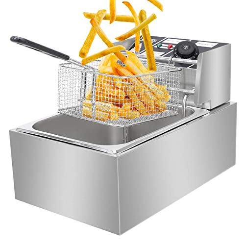 Stainless Steel Electric Deep Fryer Chicken Chips Fryer with Basket Scoop for Commercial Restaurant Countertop Family Food Fries Cooking Machine (6L Single Cylinder Electric Fryer)
