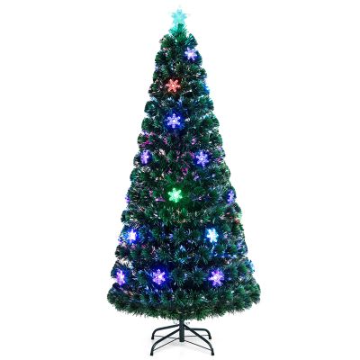 Goplus 6ft Pre-Lit Fiber Optic Christmas Tree, Artificial Xmas Full Tree with Colorful Snowflake LED Lights, 220 Branch Tips, Foldable Metal Base, for Office Home Holiday Decor