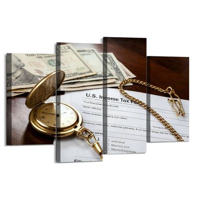 1040 Income Tax Return Form with Pocket Watch and Money Vintage Canvas Wall Art Hanging Paintings Modern Artwork Abstract Picture Prints Home Decoration Gift Unique Designed Framed 4 Panel