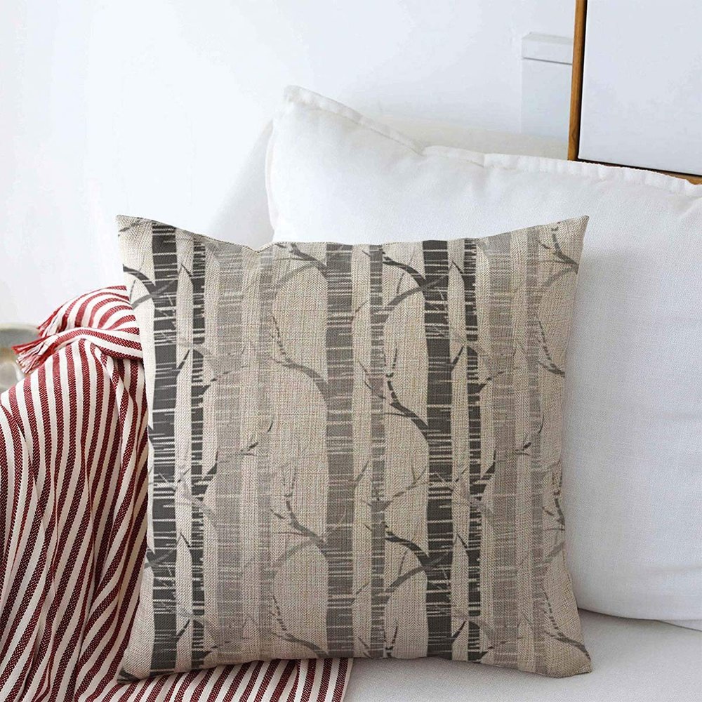 Throw Pillow Covers 18" x 18" Gray Trunk Pattern Birch Trees Abstract Nature Wood Black Branch Stem Cushion Case Cotton Linen for Winter Home Decoration