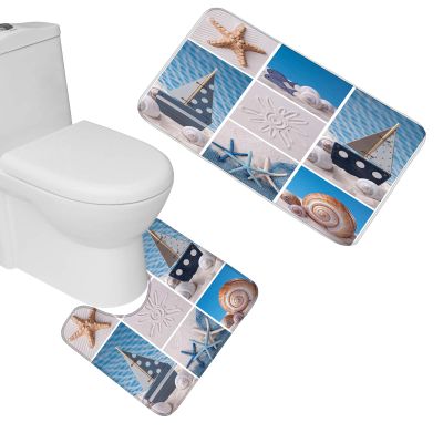 Amagical Marine Life Starfish Seashell Pattern 2 Piece Blue Bathroom Mat Set Non Slip Bath Mat Contour Mat