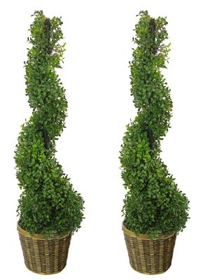 Admired By Nature 36" Artificial Topiary Tree Plants Spiral Shape Faux Treeswith Planters and Bamboo Basket - for Home Indoor Outdoor Decor, Offices, Events - Set of 2, Green