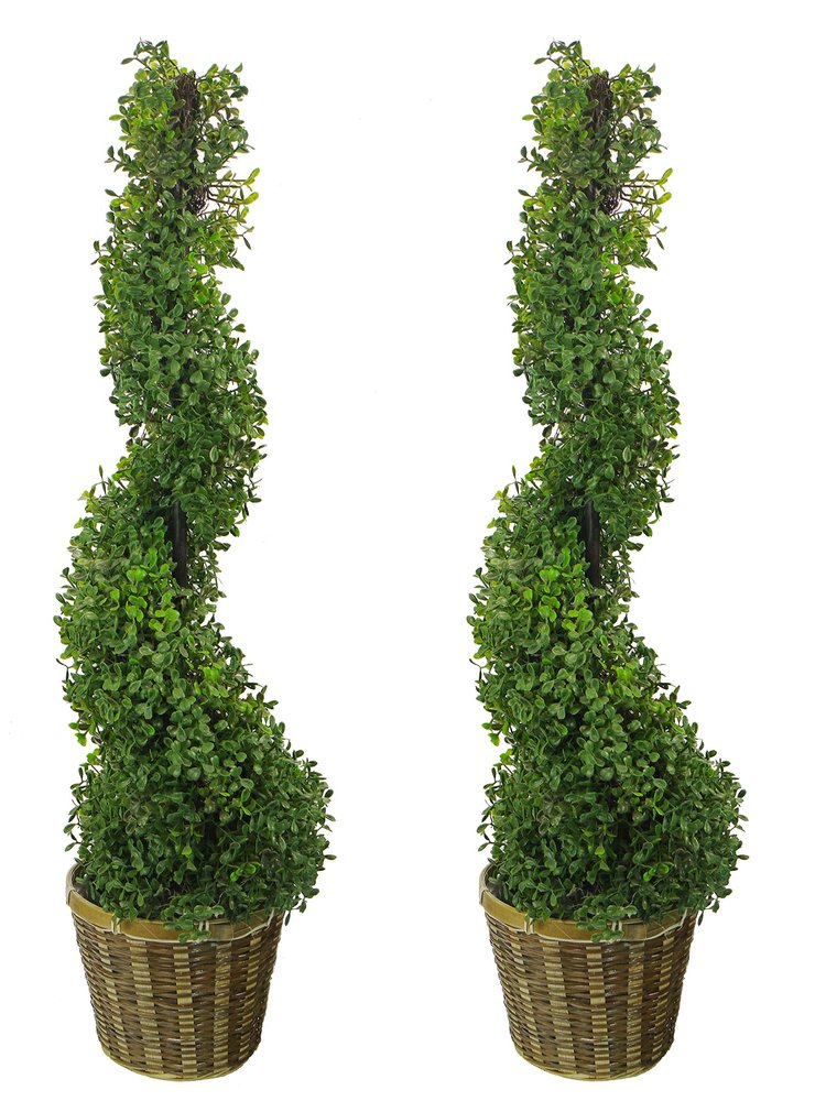 Admired By Nature 36" Artificial Topiary Tree Plants Spiral Shape Faux Treeswith Planters and Bamboo Basket - for Home Indoor Outdoor Decor, Offices, Events - Set of 2, Green