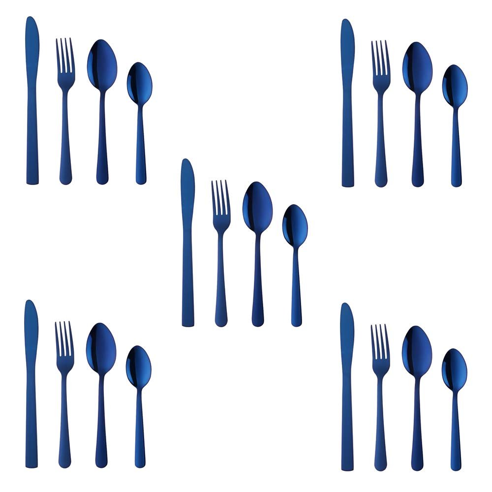 Buyer Star 20-Piece Blue Silverware Flatware Set for 5, Light Weight Cutlery Sets for Travel Camping, Hand Polish, Dishwasher Safe